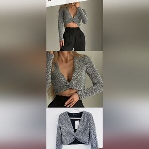 NWOT Zara Silver Sequin Knotted Long Sleeve Crop Top US Sm Side Zipper Blogger